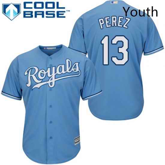 Youth Majestic Kansas City Royals 13 Salvador Perez Authentic Light Blue Alternate 1 Cool Base MLB Jersey